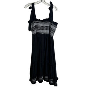 Elie Tahari Midi Dress Small Black Tie Shoulder Smocked Tiered Ruffle Trim Boho